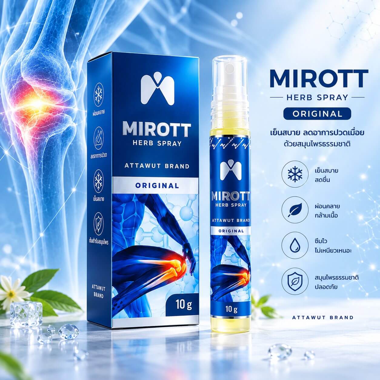 Mirott Nano Spray นวัตกรรมนาโนโนลิปิดแคริเออร์ นำส่งสารสกัดสมุนไพรเข้มข้น ลงสู่ผิวชั้นลึก แก้ปวด อักเสบ บวม ขัดเข่า ข้อ เส้นเอ็นกล้ามเนื้อ หรือ เข่าเสื่อม ลึกถึงแก่น